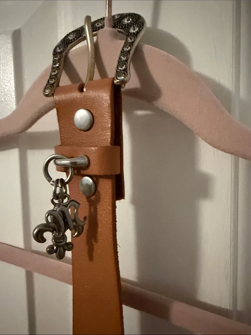 Miss Me Leather Belt with Fleur-de-Lis Charm - Brown